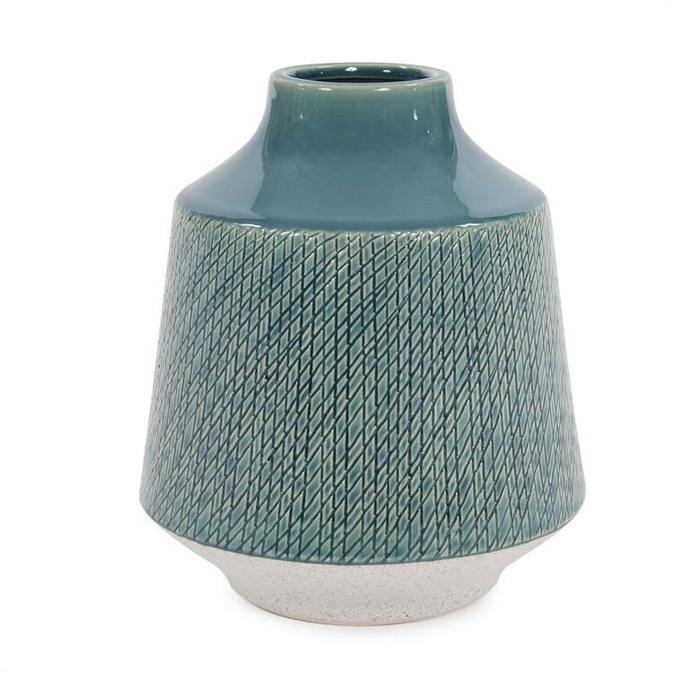 Cross Hatched Sea Blue Ceramic Round Vase Vase-Urn By Howard Elliott Collection 1 Cross Hatched Sea Blue Ceramic Round Vase Vase-Urn By Howard Elliott Collection